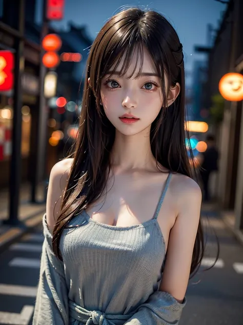 1girl, Tokyo street,night, cityscape,city lights, upper body,close-up, 8k, RAW photo, best quality, masterpiece,realistic, photo-realistic, parted bangs, long hair,front cover