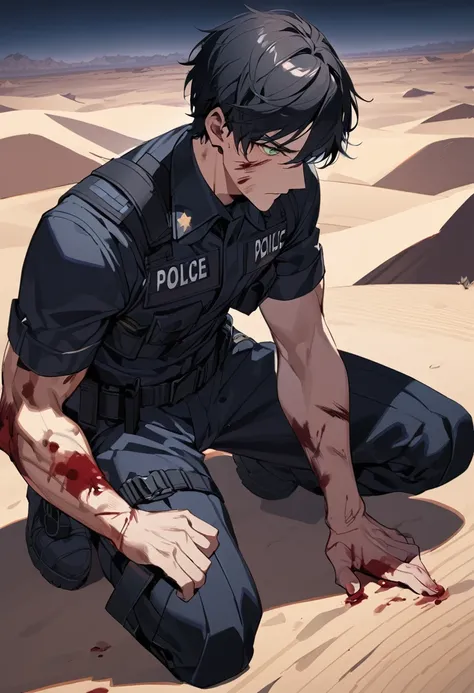 Male black police suit, solo, black hair, green eyes, short hair, desert, night, kneeling on, blood on body, wounds, muscular 