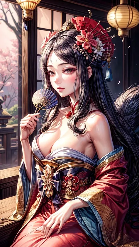 arafed woman with a fan and a flower in her hair, exquisite digital illustration, a beautiful artwork illustration, stunning digital illustration, beautiful digital artwork, inspired by Yun Du-seo, in style of digital illustration, chinese empress, portrai...