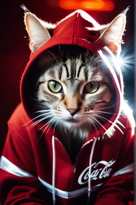 texture cinematic photo long exposure photo of Cat wearing embellished hoodie with coca-cola style . Blurred motion, streaks of light, surreal, dreamy, ghosting effect, highly detailed . 35mm photograph, film, bokeh, professional, 4k, highly detailed top d...