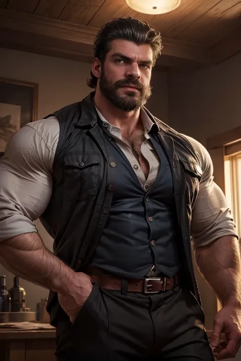 masterpiece, best quality, ultra-detailed, muscular, bearded, thick mustache, imposing man [intense look], intimidating presence...