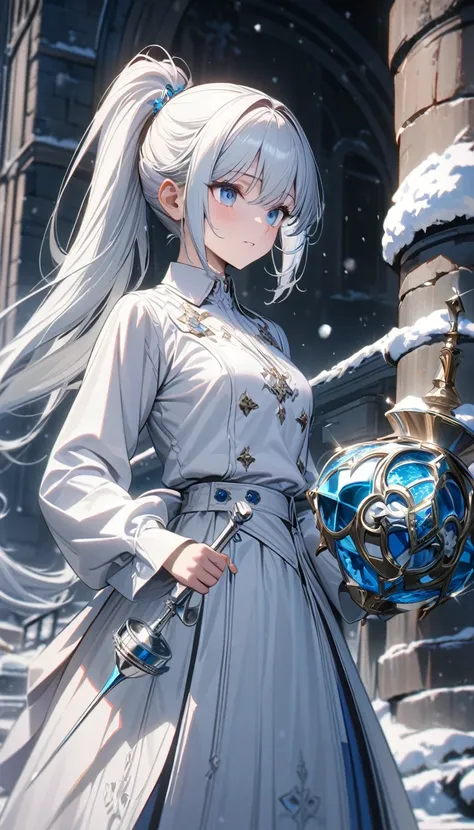 Young girl, long white hair, high ponytail, blur eyes, white aristocrat shirt, long sleeves, white skirt, blue elements, Weiss Shnee, snow emblem, rapier, Masterpiece, best quality, Full HD, 8k, ultra details, great graphic