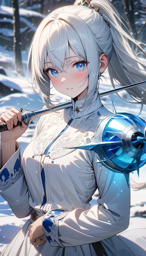 Young girl, long white hair, high ponytail, blur eyes, white aristocrat shirt, long sleeves, white skirt, blue elements, Weiss Shnee, snow emblem, rapier, Masterpiece, best quality, Full HD, 8k, ultra details, great graphic