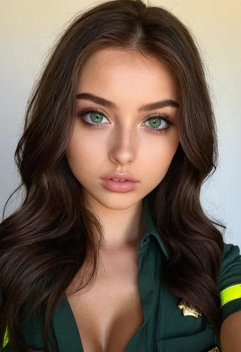 femme en tenue de policière sexy, Fille sexy aux yeux verts, sophie mudd, cheveux bruns et grands yeux, selfie une jeune femme, stunning tout le corps shot, yeux verts perçants, bel angle, pose attrayante, jolie fille, pose sexy, tout le corps picture, tou...