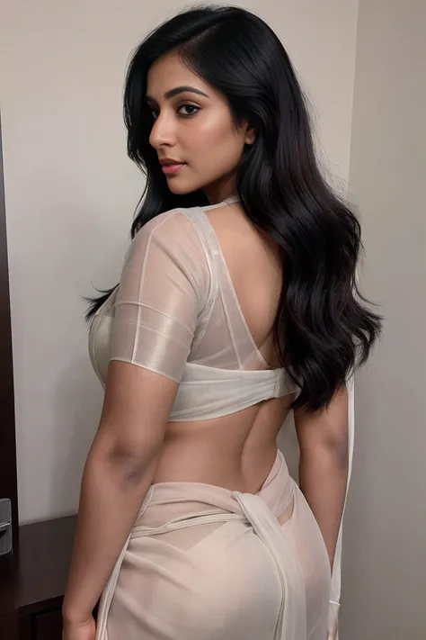 sakshu 1girl, sexy, 28 years old Indian woman, (mature woman:1.3), looking at camera,back side, middle aged bhabhi, office room, detailed background, indoor, hires, (photorealistic:1.4),back side shot,back side photo, wearing transparent saree, ((full sare...