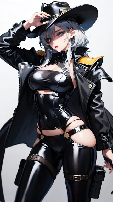 a cyber girl, with furry latex suit, technological armor, Trench coat, and cowboy hat, He is wearing a revolver holster, sexy pose sensual look at the camera