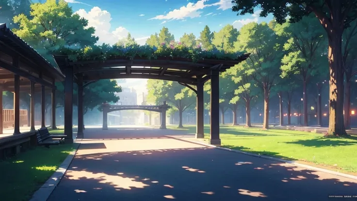 masterpiece, Best quality, (2d anime background), (Visual novel), (Best quality), (best illustration), (best shadow), realistic lighting, (abyss), beautiful detailed glow, Park, Benches, daytime lighting