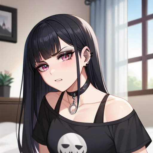 Adult, Female, long Black hair, goth girl, pink eyes gothic aesthetic, goth clothing, goth make up, thick thighs, medium chest, annoyed, disgruntled, bedroom, gothic bedroom, aesthetic bedroom, Masterpiece, Accurate, Anatomically Correct, Best Quality, Hig...