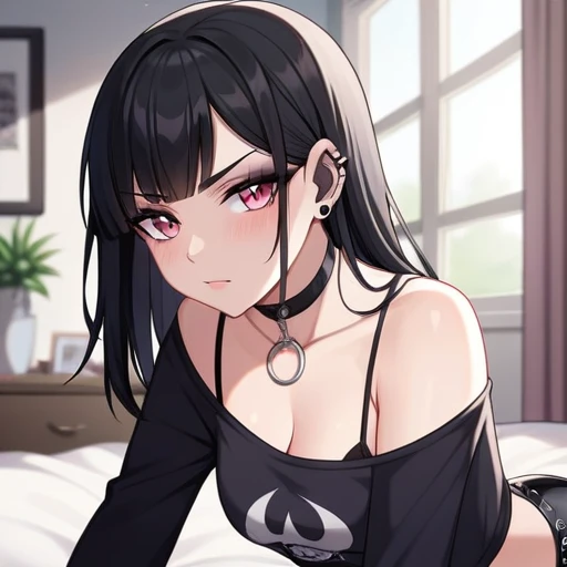 Adult, Female, long Black hair, goth girl, pink eyes gothic aesthetic, goth clothing, goth make up, thick thighs, medium chest, annoyed, disgruntled, bedroom, gothic bedroom, aesthetic bedroom, Masterpiece, Accurate, Anatomically Correct, Best Quality, Hig...