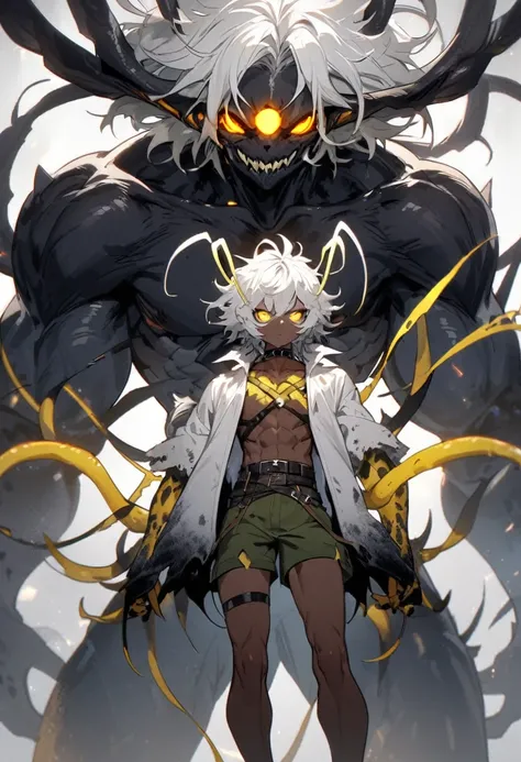 Insect boy, monster boy, chest belts, white hair, muscles, yellow eyes, glowing eyes, long antennas, shorts, neckband, short hair, messy hair, dark skin, standing, arms apart, 