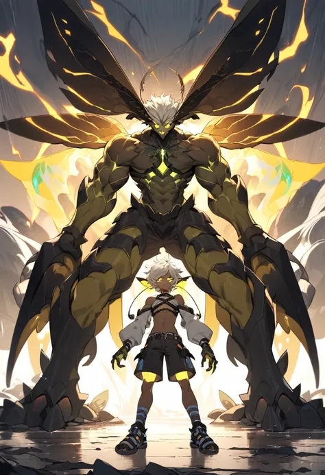 Insect boy, monster boy, chest belts, white hair, muscles, yellow eyes, glowing eyes, long antennas, shorts, neckband, short hair, messy hair, dark skin, standing, arms apart, 