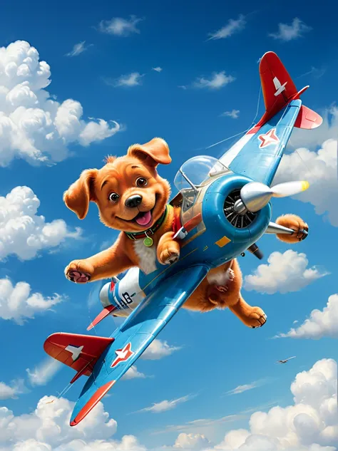 scene，A fat red dog，Big green eyes，A mischievous smile on his face，Sitting comfortably in a vintage blue propeller plane。Airplane against clear blue sky background，Flying high among the fluffy white clouds。The exhaust pipe of the plane exudes an exciting、S...