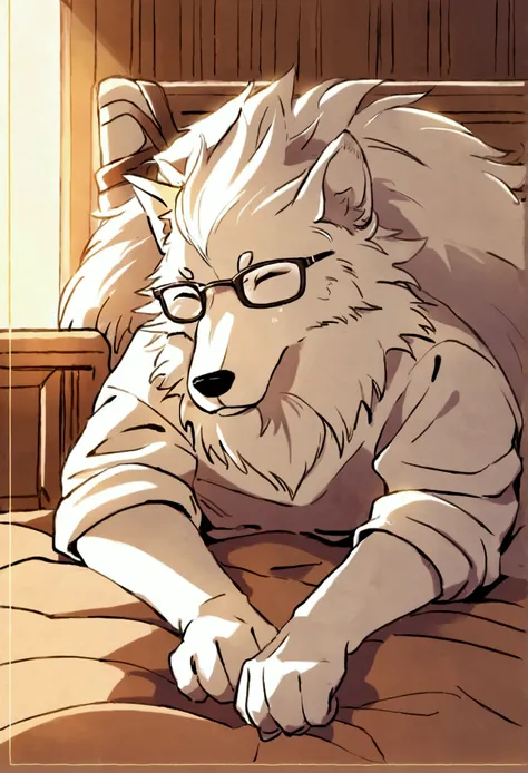 Hairy，（Wolf，Black-rimmed glasses，White short sleeve，灰色Long sleeve衬衣，Long sleeve，Roll up your sleeves，Shorts），White beard，White fur，male，generally，Full Body Shot， Dynamic pose，There are fallen leaves，sunlight，in the bedroom，bed，Lying，close your eyes，Sleepin...