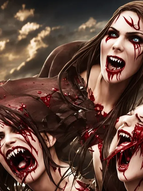 ultra-realistic, highly detailed, full height view, a stunningly attractive, vampire woman with bloodied fangs showing, pale complexion, horrifying,  frightening feeding off a male victim