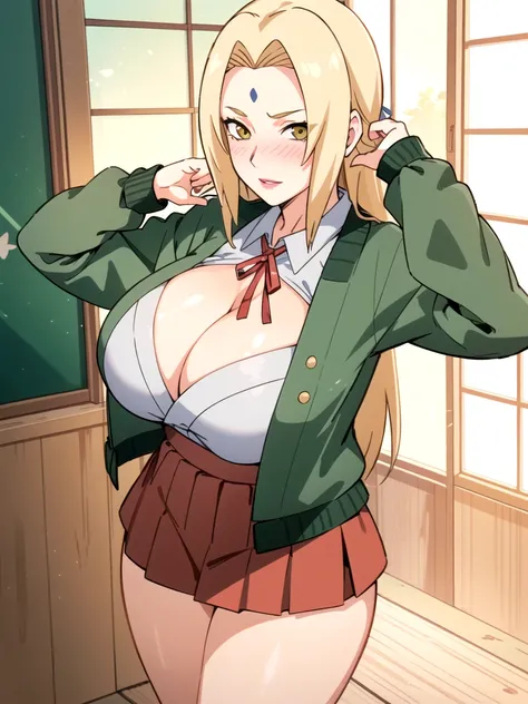 portrait, solo focus, solo, looking at viewer, (parted lips:1.2), (sunlight, bright, sunshine:1.2),((tsunade)), 1 girl,((tsunade milf physique)),(mark on forehead ), long hair, blonde hair, eyes, smile, from front,huge breast huge pelvis thick thighs,((cle...