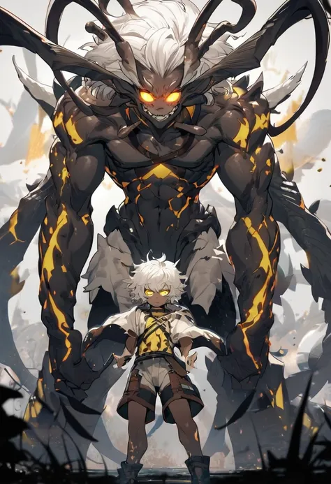 Insect boy, monster boy, chest belts, white hair, muscles, yellow eyes, glowing eyes, long antennas, shorts, neckband, short hair, messy hair, dark skin, standing, arms apart, 