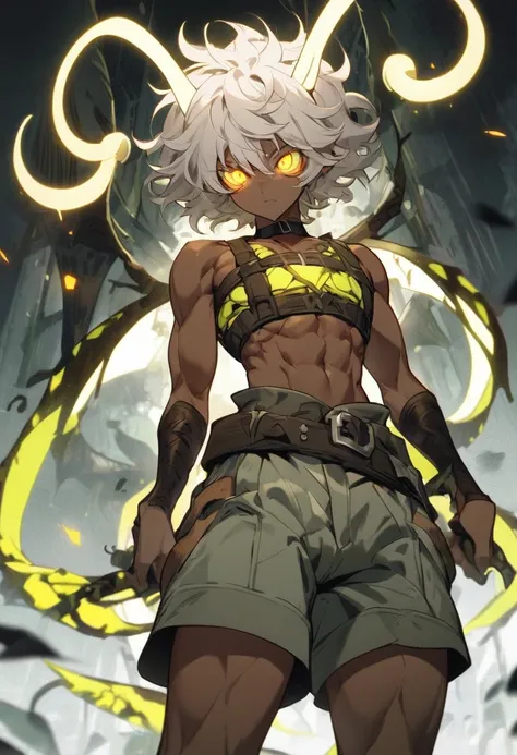 Insect boy, monster boy, chest belts, white hair, muscles, yellow eyes, glowing eyes, long antennas, shorts, neckband, short hair, messy hair, dark skin, standing, arms apart, 