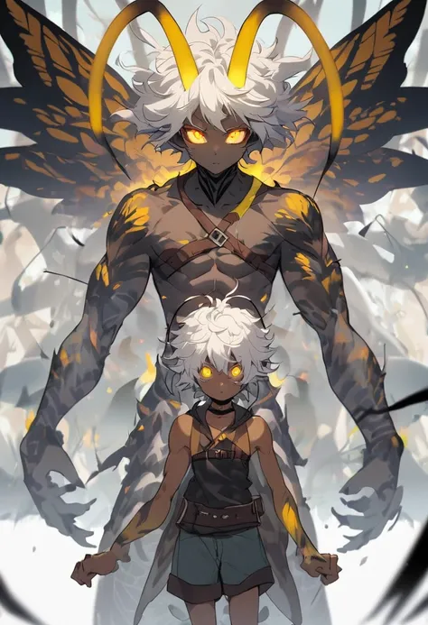 Insect boy, monster boy, chest belts, white hair, muscles, yellow eyes, glowing eyes, long antennas, shorts, neckband, short hair, messy hair, dark skin, standing, arms apart, 