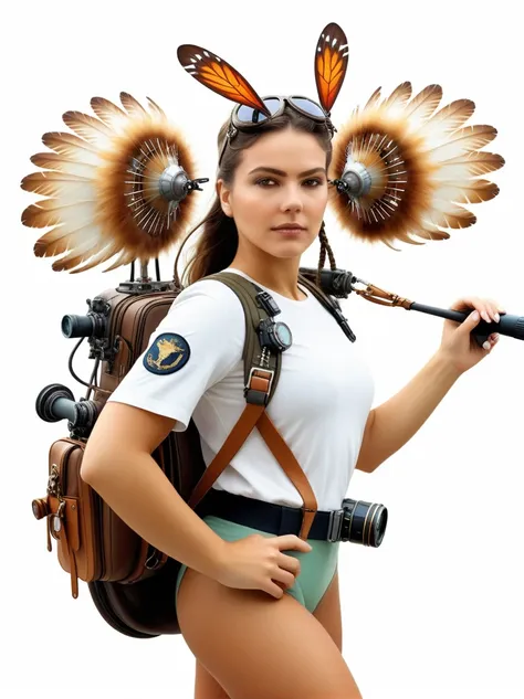 a personal shoulder-mounted aircraft, a mini swivel satchel on the shoulders of a woman with a propeller above her head and cont...