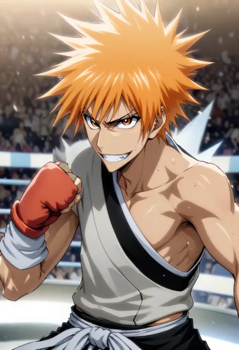 kurosaki ichigo (bleach),  hair orange, spiky hair, skin fair, box fighter, boxing luva, arena de ring de box