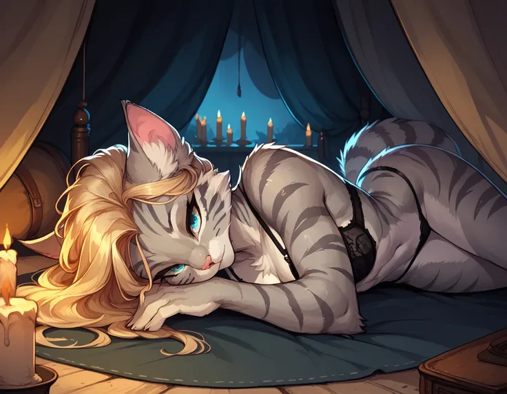 score_9,score_8_up,score_7_up, score_6_up, score_5_up,source_anime, Kat, Anthro furry feline, silver fur, grey stripes on body, blue eyes, long blonde hair, undercut hair, pink nose, :3, wearing black bra, black thong, barefoot, lying on a bedroll, ina. La...