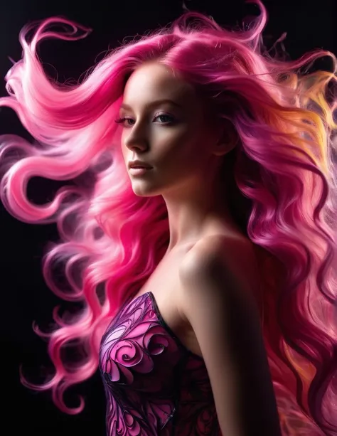 Very attractive 25 year old caucasian female with long wavy bright pink hair, Woman with shiny translucent fractal skin, whole body, Swirling organic pattern, Energetic, Ultra HD, Bright colors, perfect composition, Soft natural volumetric cinema lighting,...