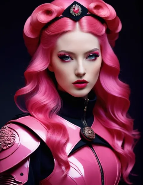 Very attractive 25 year old caucasian female with long wavy bright pink hair, Avant-garde and elegant female warrior in tight combat uniform，Serge Lutens is known for his avant-garde elegance。His works continue to transcend the boundaries of traditional ae...