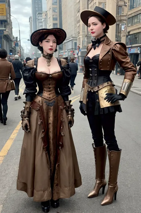 There are two robots standing on the street, Wearing an exquisite steampunk dress, movie style photos, Two women, Inspired by Jean Tapeau, Three women, terminal, Murloc, Cinematography 2008, John McCaig, Humanize, 5 0 0 Pixel Model, Publicity photos, 19th ...