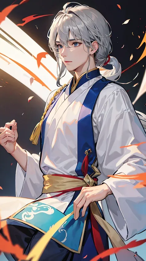 (Extremely refined:1.2), 8K, (masterpiece, 最好of:1.0), , (长of_silver_hair_male:1.5), upper body, along_hair男, Cool and attractive, of_gaze, Wear white Hanfu, 以及复杂of细节, 以及复杂of细节, 精致of眼睛和细致of脸, 完美of眼睛, 平等of眼睛, 奇妙of灯光和阴影、white room background、 Uses backlight a...