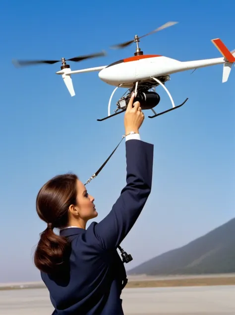 personal shoulder-mounted aircraft, mini helicopter-pack behind a woman’s shoulders with a propeller above her head and control levers in her hands, complex mechanism for flight,