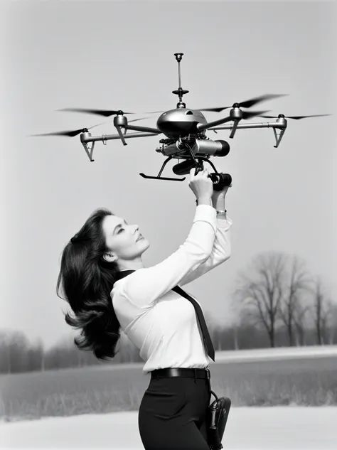 personal shoulder-mounted aircraft, mini helicopter-pack behind a woman’s shoulders with a propeller above her head and control ...