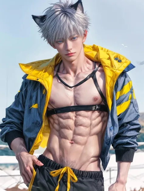 1boy, adult, handsome, perfect face, detailed eyes and face, clean shaved, muscular, capturing a rural atmosphere, dynamic lighting, unreal engine 5, hd picture, satoru gojo, white hair, short hair ,hair between eyes ,blue eyes, white skin, pink nipple, wo...