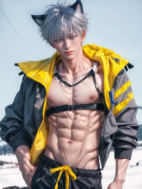 1boy, adult, handsome, perfect face, detailed eyes and face, clean shaved, muscular, capturing a rural atmosphere, dynamic lighting, unreal engine 5, hd picture, satoru gojo, white hair, short hair ,hair between eyes ,blue eyes, white skin, pink nipple, wo...