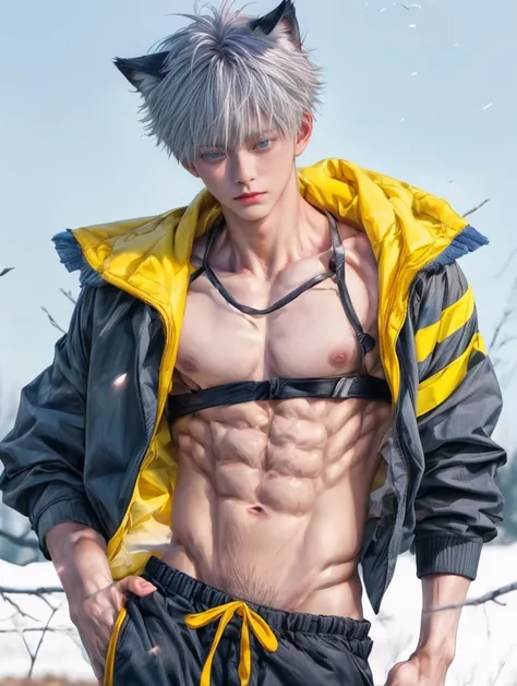 1boy, adult, handsome, perfect face, detailed eyes and face, clean shaved, muscular, capturing a rural atmosphere, dynamic lighting, unreal engine 5, hd picture, satoru gojo, white hair, short hair ,hair between eyes ,blue eyes, white skin, pink nipple, wo...