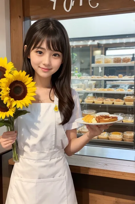 20 years old girl (Japanese cute face) is wearing mini skirt and white apron and working at the cafe with sunflowers