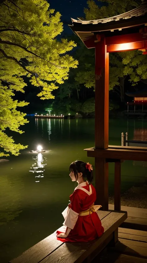 Moonlit Night、shrine、Shrine maiden、Kagura、lake