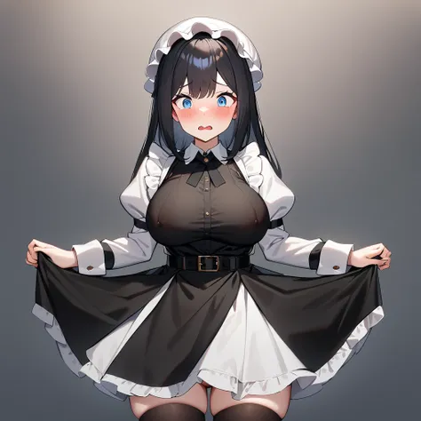 1girl,(Surprise:1.3),Covered nipples,black hair,light blue eyes,flustered,(black-dress),(pov crotch:1),Embarrassed,big breast,!!,maidapron,(White mob cap),puffy_sleeves,maid_apron, belt,thighhighs,masterpiece, best quality, very aesthetic, absurdres,(strai...