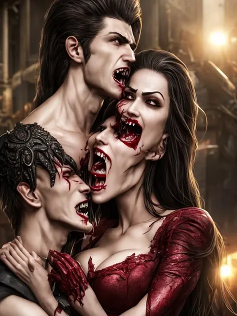 ultra-realistic, highly detailed, full height view, a stunningly attractive, vampire woman with bloodied fangs showing, pale complexion, horrifying,  frightening feeding off a male victim