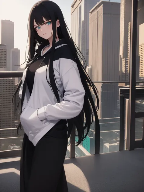 1girl, long black hair, blue and green eyes, white hoodie, black skirt, tattoos, city, absurdres, high res, ultrasharp, 8K, masterpiece, looking at viewer