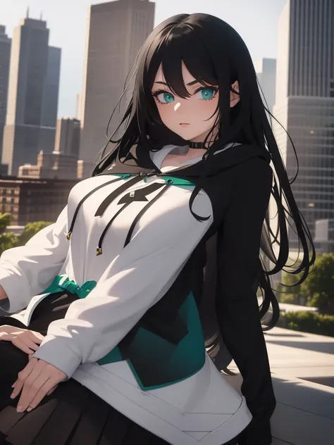 1girl, long black hair, blue and green eyes, white hoodie, black skirt, tattoos, city, absurdres, high res, ultrasharp, 8K, masterpiece, looking at viewer