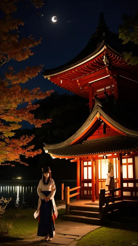 Moonlit Night、shrine、Shrine maiden、Kagura、lake