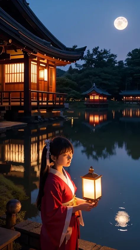 Moonlit Night、shrine、Shrine maiden、Kagura、lake