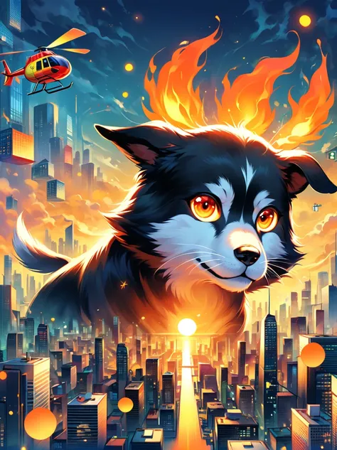 Imagine a dog with an angry and mischievous expression. This canine is at the helm of a futuristic, non-violent, brightly colored toy helicopter, skillfully maneuvering over a compact, yet towering cityscape of unpopulated skyscrapers. Despite the look on ...