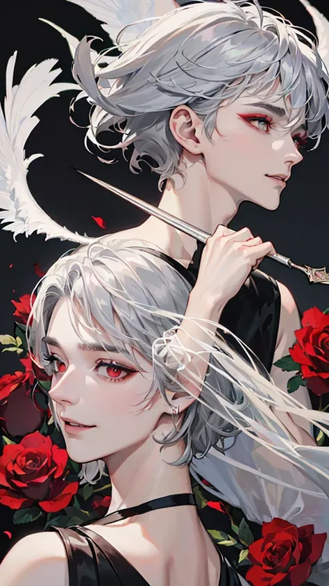 ((4K Works))、masterpiece、（Top quality)、((High level of image quality))、((一个美丽的Fallen Angel男人))、slim、((Vampire Black Y-Shirt Fashion))、(Detailed beautiful eyes)、((Red roses and crows on a dreamy black background))、inside castle、((face shape and《Ruseraphim》C...