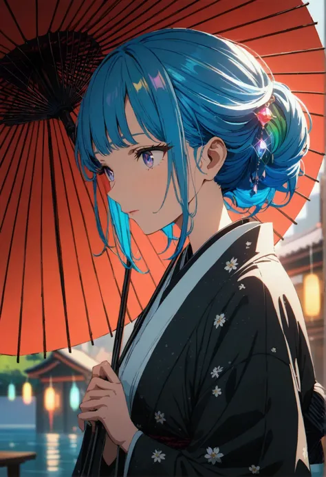 Anime style, ultra-detailed, 8K, blue-haired girl with a traditional Japanese umbrella, with rainbow-colored gem rain pouring down.