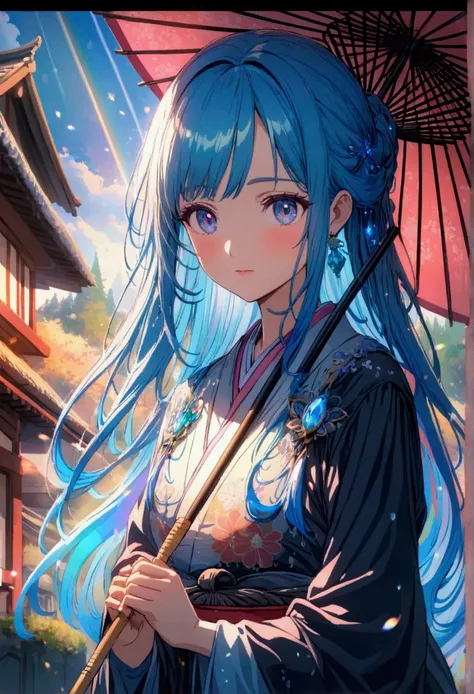 Anime style, ultra-detailed, 8K, blue-haired girl with a traditional Japanese umbrella, with rainbow-colored gem rain pouring down.