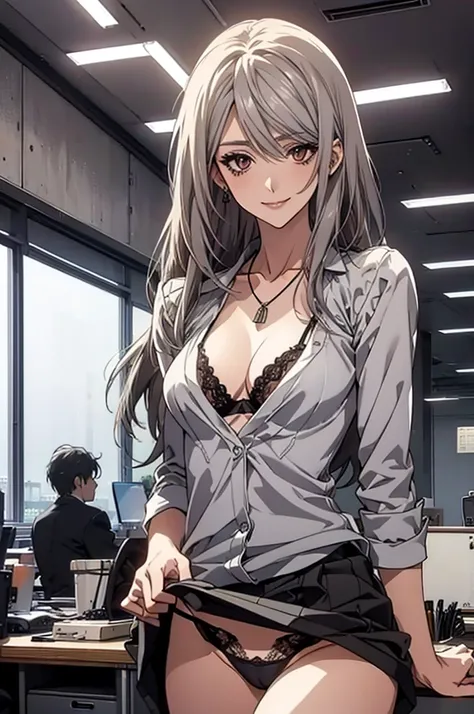 (Highest quality, High resolution, Very detailed), Silver Hair, Long Hair, Reddish brown eyes, office staff suit skirt, lace thong bra, Large Breasts, Perfect Makeup, necklace, secretary, 24th generation, Beautiful woman, mature, quiet, Calm, A small smile...