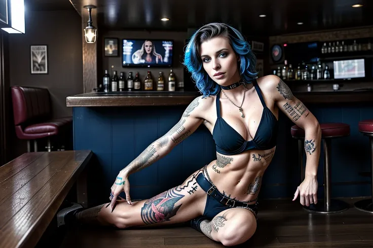 (sophisticated punk:1.4),(beautiful caucasian escort girl:1.3), (striking blue eyes), striking a glamorous pose, bodybuilder abs, spread legs, (high heels), (curled-up position), seated legs-up position , (dive bar in africa), dark, (((tattoos))), (skinny:...