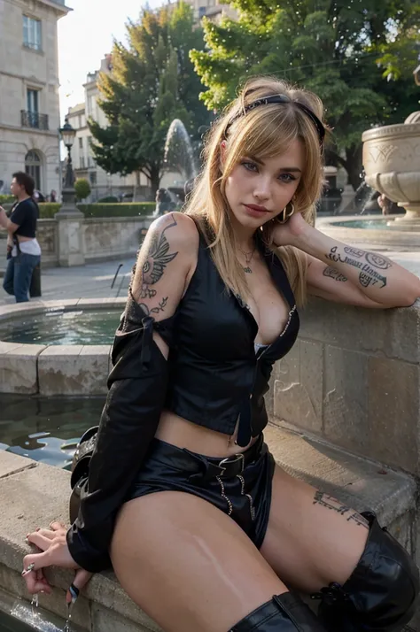 a busty punk woman, heavy dark makeup, tattoos, blonde hair with bangs, smirk, Paris, sitting in a fountain edge, punk clothes, (edge lighting:0.5)