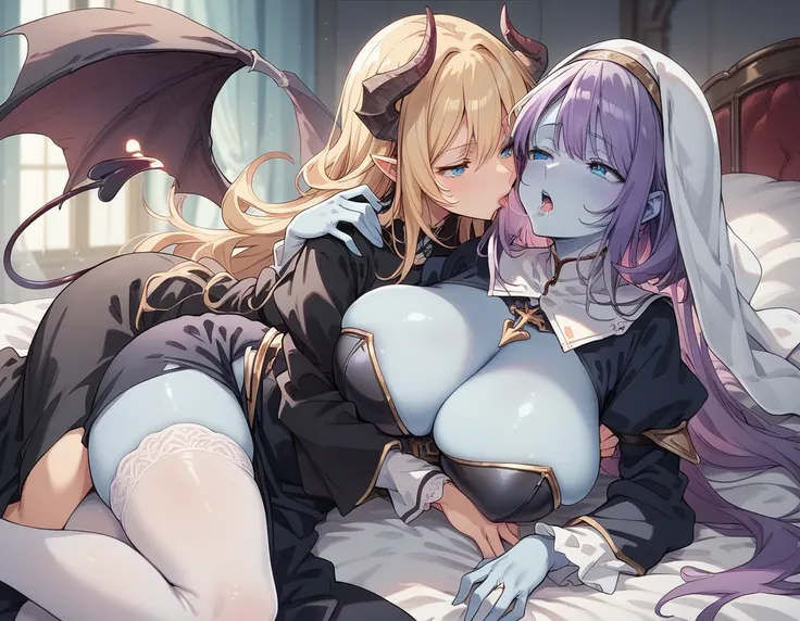 source_anime , Expressiveh , duo, gynomorph/femail, dominant gynomorph, humanoid/human, human on anthro, yuri, kiss, saliva trail, hug, spooning, (blue skin:1.3), futanari, purple hair, very long hair,horn, Large bat-like wings, Spade Tail, Succubus, devil...